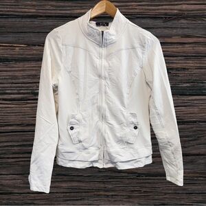 White Utility Jacket with Stand-Up Collar and Textured Fabric